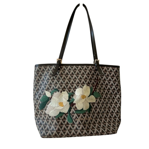 LANCASTER PARIS TOTE LG IKON COATED CANVAS FLORAL STITCHING ADJ STRAPS BROWN - Picture 2 of 11